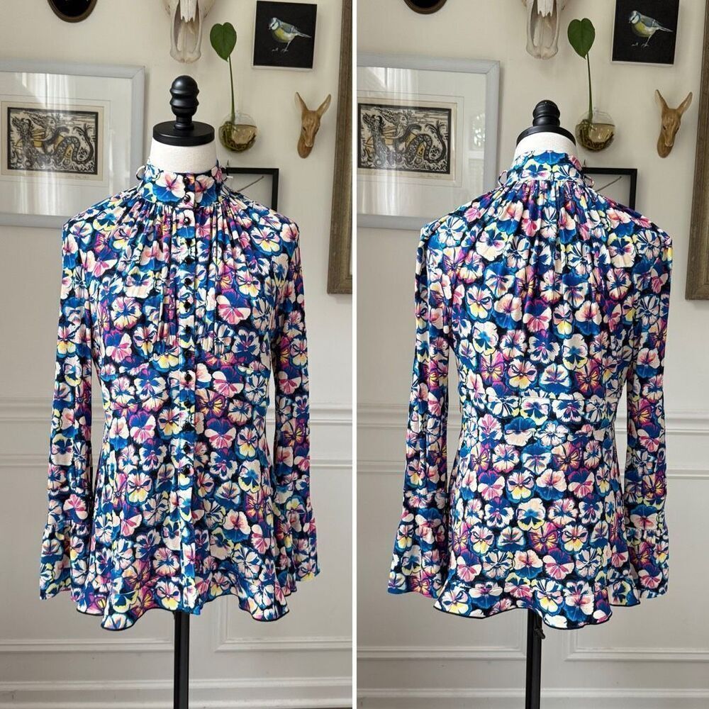 Paco Rabanne Floral Pansy Button Up Mock Neck Peplum Blouse $800 40 8